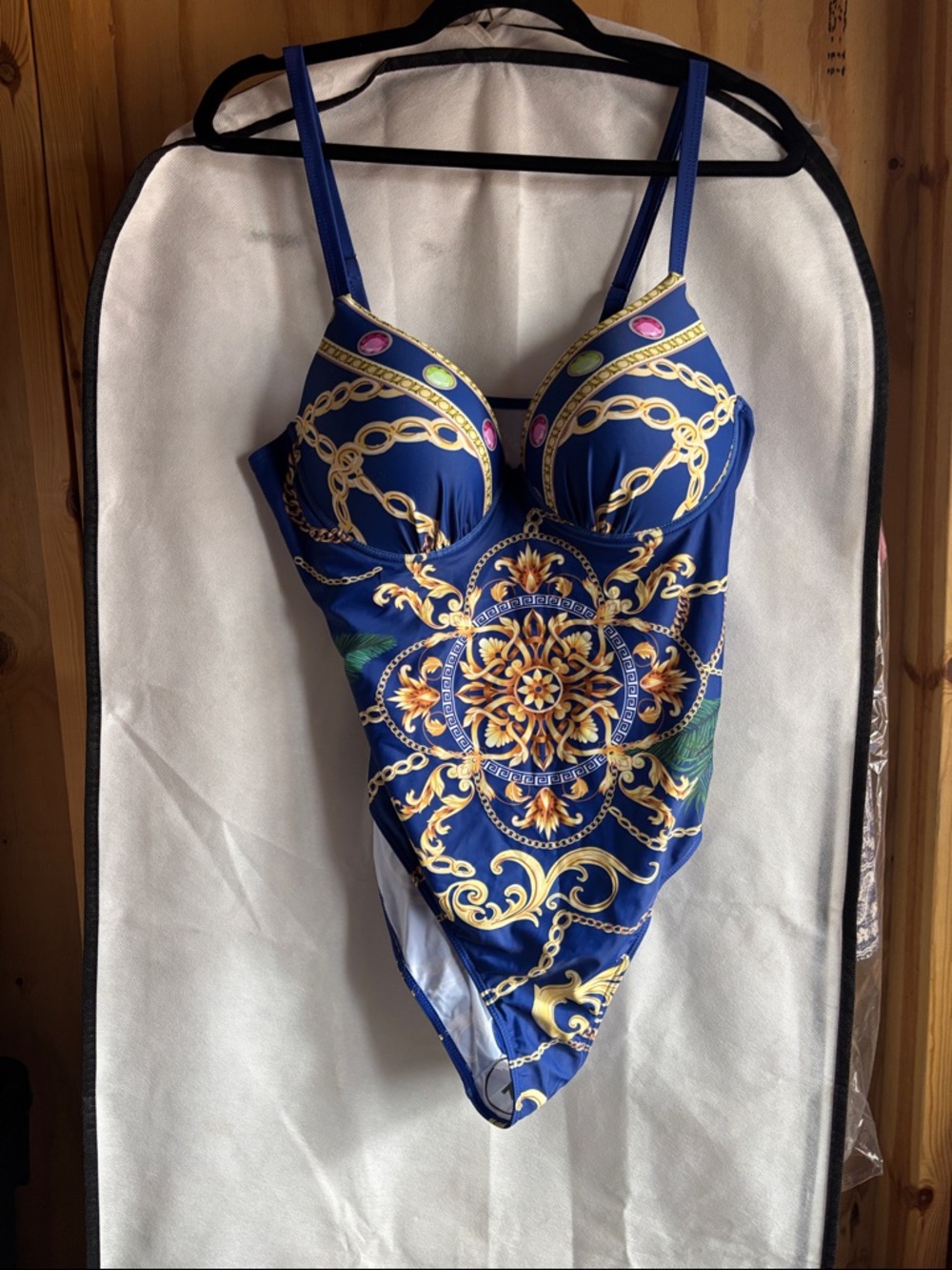 Blue Decorative Chain-Print One-Piece Swimsuit